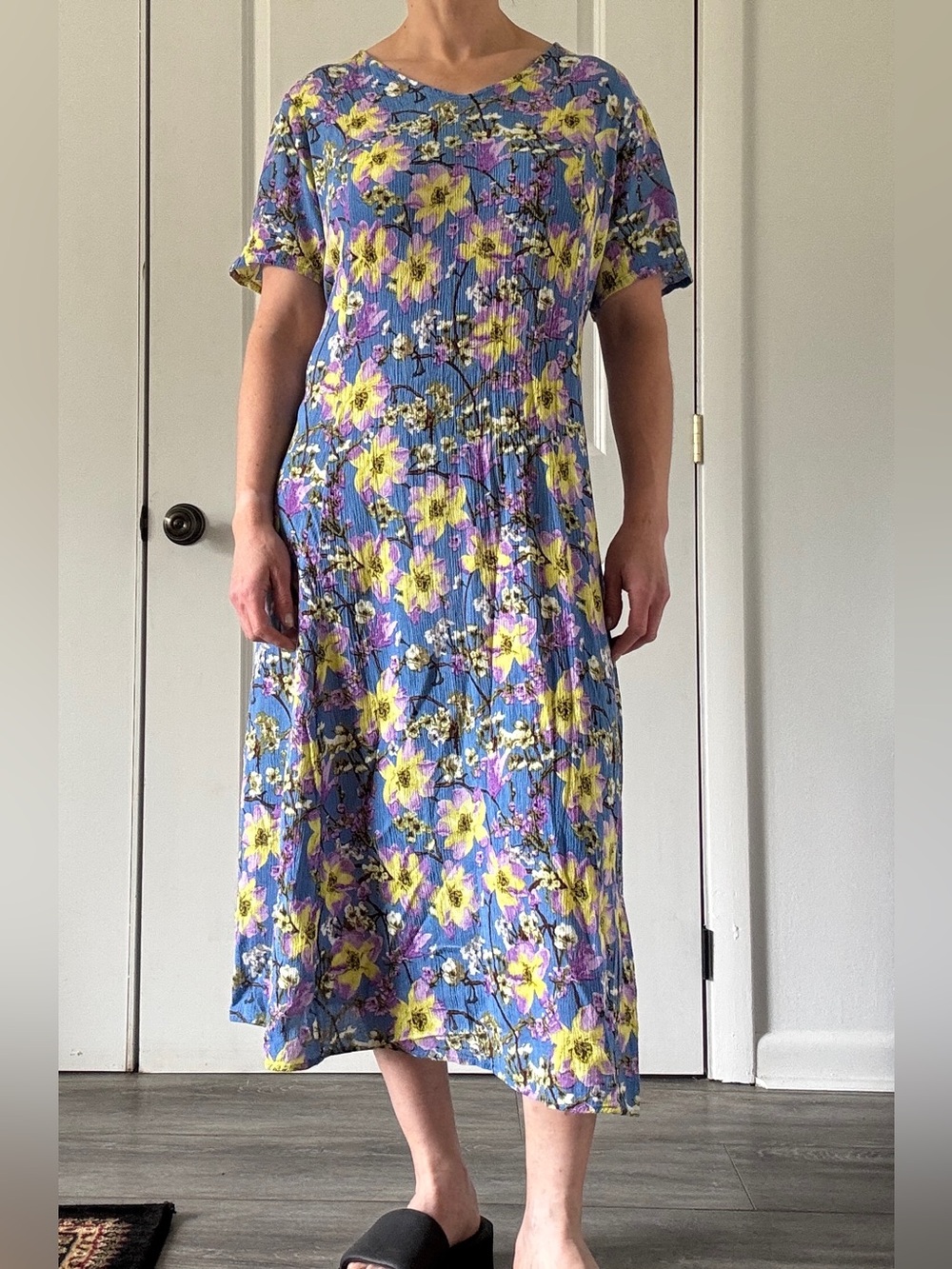 Vintage Salon Studio Blue Purple Yellow Floral Short Sleeve Midi Dress 3XL
